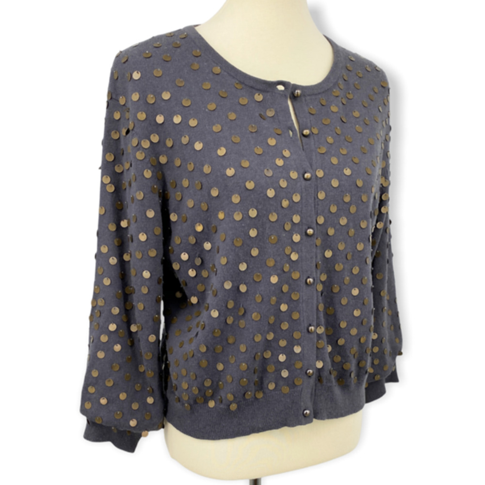 Sundance Gray Wool Silk Knit Gold Dot Embellished Cardigan Sweater L - Picture 3 of 9